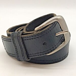 Black Genuine Leather Belt Silver Buckle Mens 42 Double Stitched Sides 1.25" USA